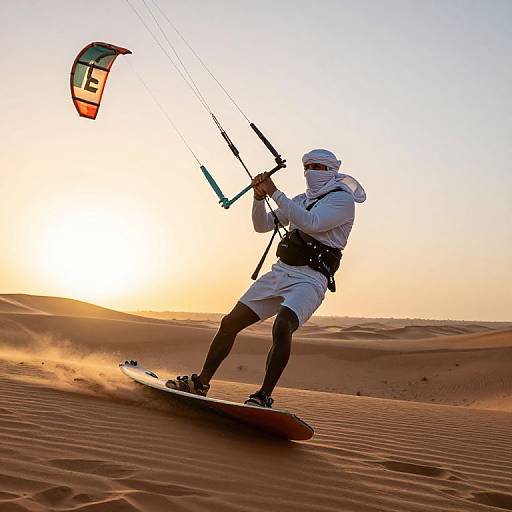 Photograph of a male kitesurfer in white attire, black harness, and goggles, flying a colorful kite over sandy dunes at sunset.