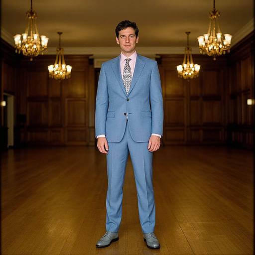 Photograph of a man in a light blue suit, white shirt, and patterned tie, standing in an elegant, wooden-paneled room with three