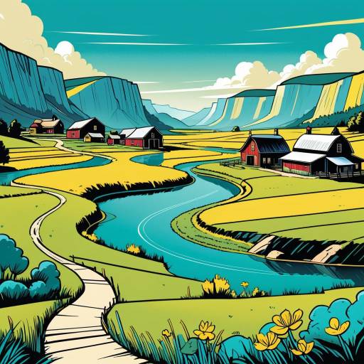 Rural Valley Landscape with River and Farms