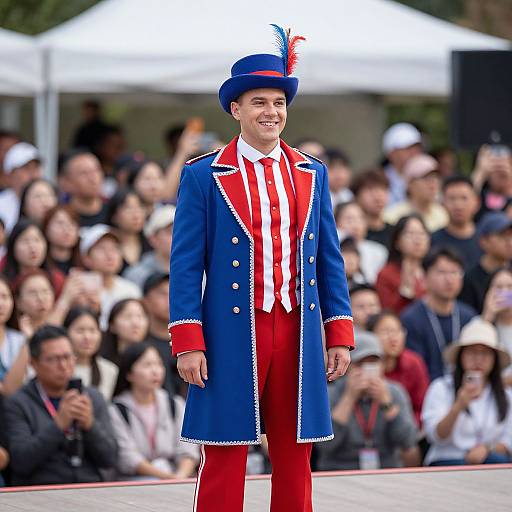 Photograph of a smiling young man in a blue and red circus-style outfit with white trim, white hat with red feather, standing on stage in front
