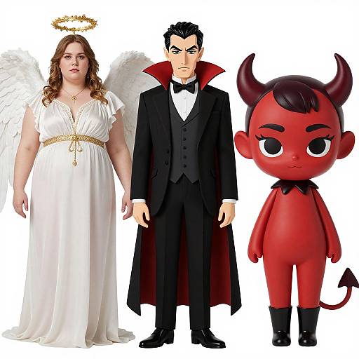 Photograph-style digital artwork of a white angel woman, black-suited man with red cape, and red demon child with horns and tail.