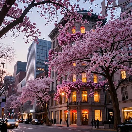 Photograph of a city street at dusk with pink cherry blossom trees, illuminated buildings, and warm yellow lights, flanked by modern glass buildings and historic