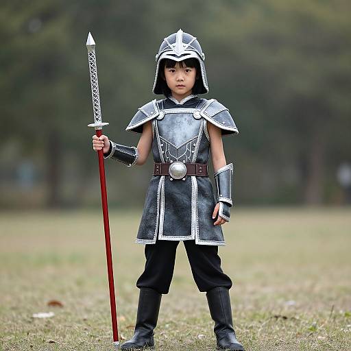 Photograph of a young boy in medieval armor, holding a red spear, standing on grassy field with blurred trees in background.