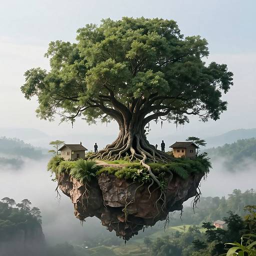 Floating Island with Ancient Tree and Houses