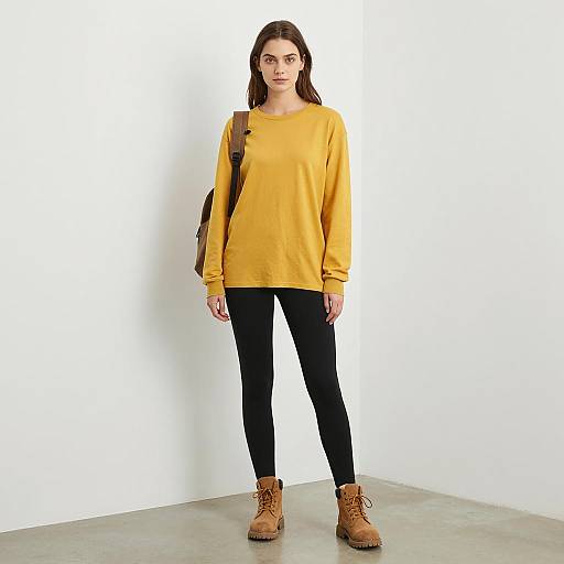 Young woman in yellow sweater and black leggings