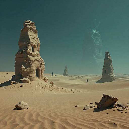 Photograph of a surreal desert landscape with tall, eroded rock formations under a clear, blue sky. Small figures walk in the distance, with sand