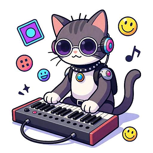 Cyborg Cat Playing Synth