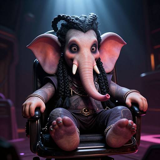 CGI image of a stylized, anthropomorphic Ganesha with dark braided hair, large ears, and white tusks, seated in a