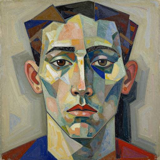 Abstract portrait painting of a serious-faced man with geometric, multicolored blocks of yellow, blue, red, and green on a textured beige background.