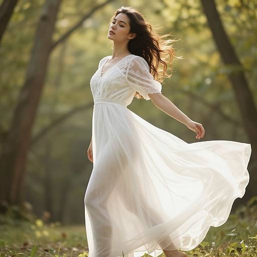 Photograph of a young woman with fair skin and dark hair, wearing a flowing white lace dress, standing in a sunlit forest, her dress bill