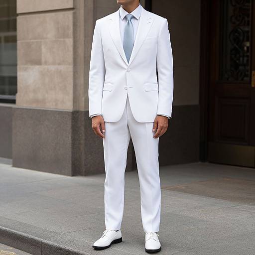Man in White Suit on Sidewalk