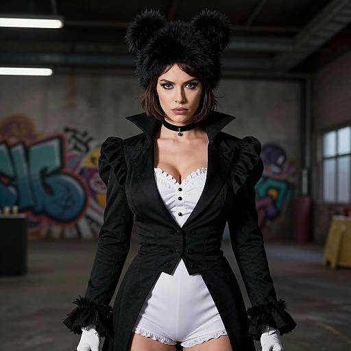 Photograph of a woman with black fur hat, black jacket, white lace bodysuit, and white gloves, standing in a graffiti-covered, dim