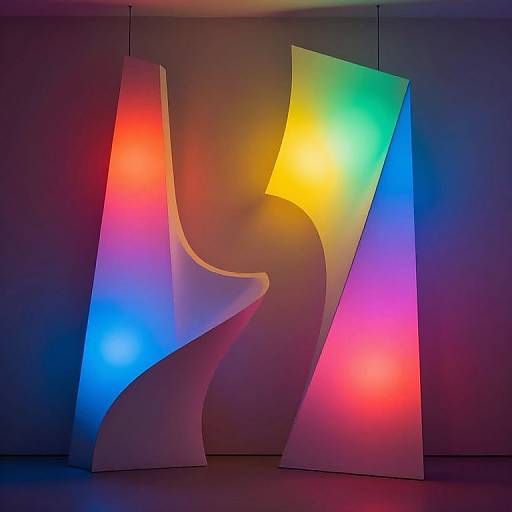 Photograph of three abstract, colorful, illuminated, wave-shaped panels against a dark background, featuring vibrant red, blue, yellow, and green lights.