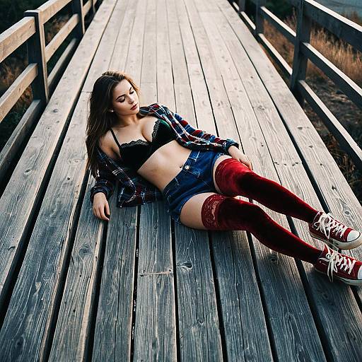 Young Woman Lounging on Wooden Boardwalk in Casual Fashion