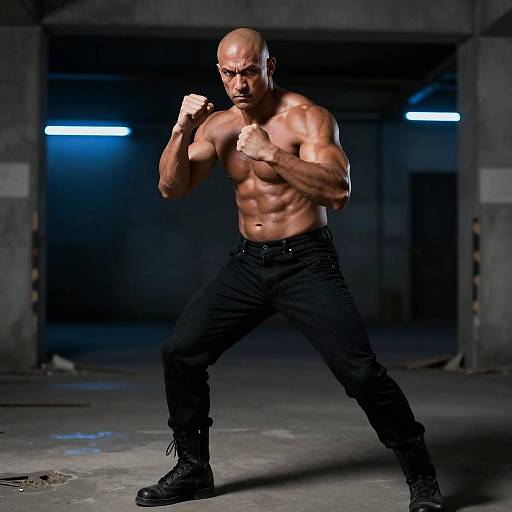Bald Muscular Fighter in Neon Ruins