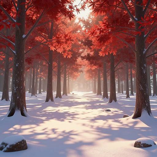 Photorealistic digital artwork of a snowy forest with vibrant red maple trees, sunlight filtering through the branches, casting shadows on the snow-covered ground.