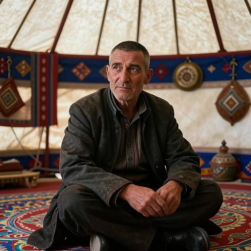 Middle-aged man with short gray hair, dark beard, wearing dark jacket and striped shirt, sitting cross-legged in front of a colorful, patterned yurt