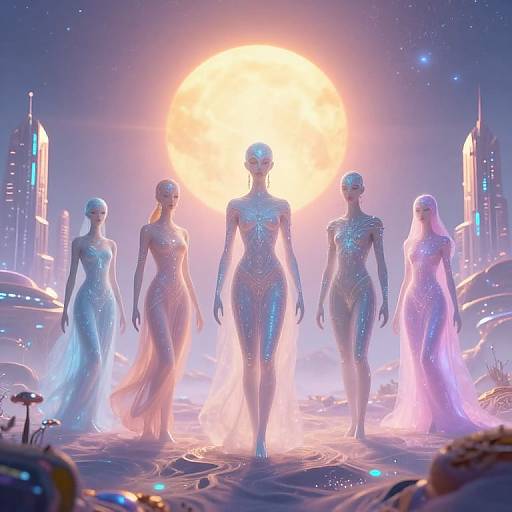 CGI image of five futuristic, glowing, silver-skinned women in shimmering, form-fitting dresses walking towards a radiant, sun-like orb in