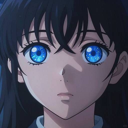 Anime-style digital drawing of a girl with large, sparkling blue eyes, black hair, and a serious expression against a dark background.