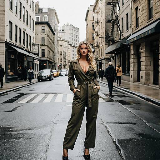 Woman in Khaki Utility Jumpsuit on City Street