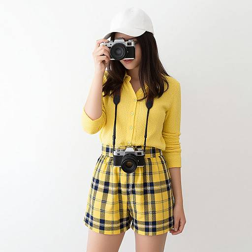 Photograph of a woman in yellow plaid shorts, yellow knit top, white cap, holding a camera, with a camera strap around her waist,