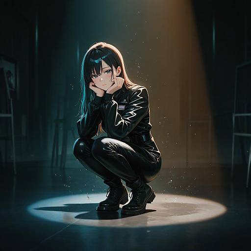 Anime Girl in Black Glossy Outfit Under Spotlight