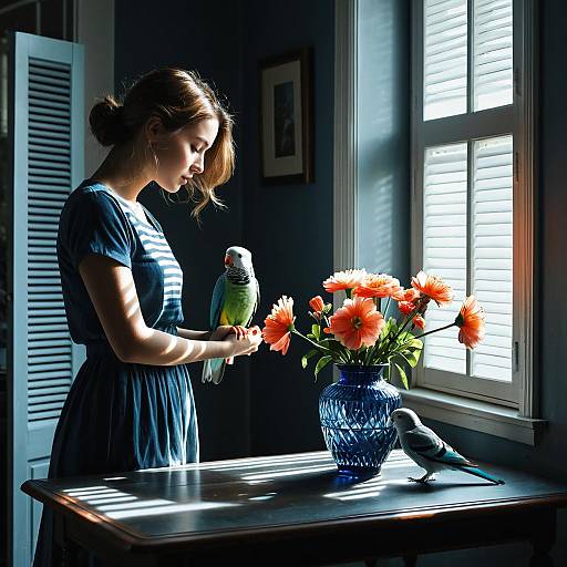 Sunlit Room with Auburn Woman and Parakeet