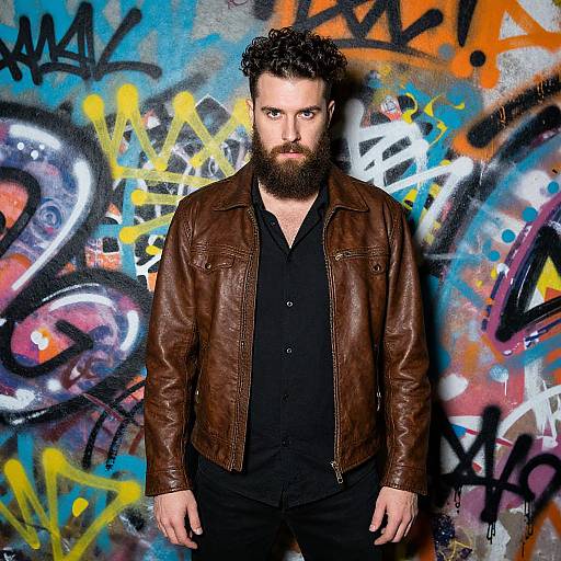 Photograph of a bearded man with dark curly hair, wearing a brown leather jacket over a black shirt, standing against a vibrant graffiti-covered wall.