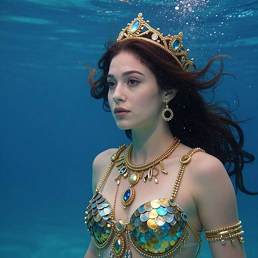 Photograph of a fair-skinned, red-haired woman underwater, wearing a shimmering gold and blue sequined bikini, ornate crown, and jewelry