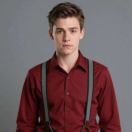 Photograph of a young white man with short brown hair, wearing a red button-up shirt and gray suspenders, against a gray background.