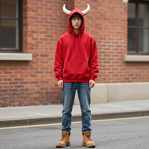 Photograph of an Asian teenage boy in a red hoodie with white horns, blue jeans, and brown boots, standing on a city street against a brick