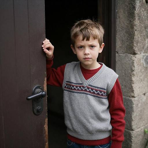 Nervous Boy in Dim Stone Doorway