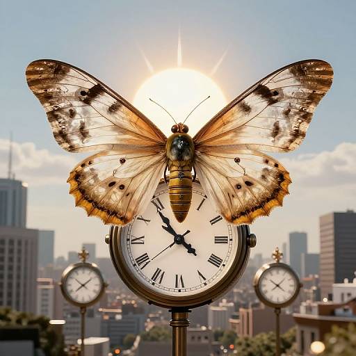 Photograph of a large, detailed butterfly sculpture with translucent wings, perched on a clock, set against a sunny cityscape with skyscrapers.