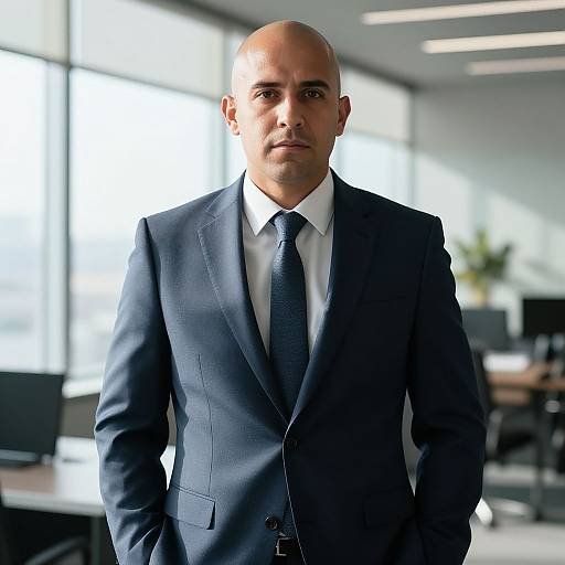 Photograph of a bald, light-skinned man in a dark blue suit, white shirt, and blue tie, standing in a bright, modern office