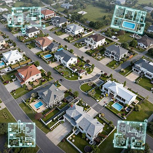 Aerial photograph of a suburban neighborhood with white houses, blue swimming pools, and green lawns, overlayed with blue architectural diagrams.