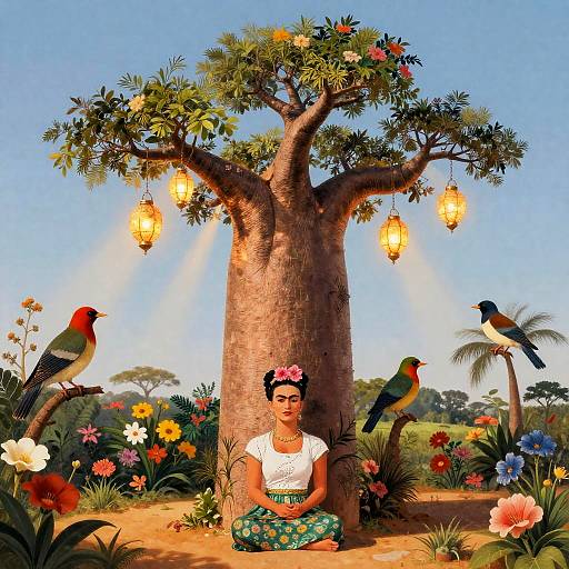 Ancient Lantern-Bedecked Baobab in Bloom