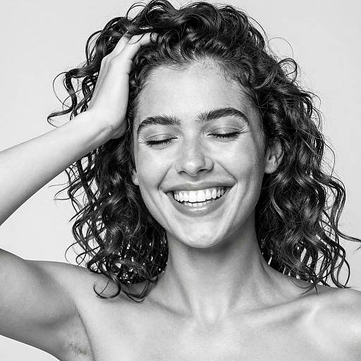 Smiling Woman with Curly Hair Black and White Portrait