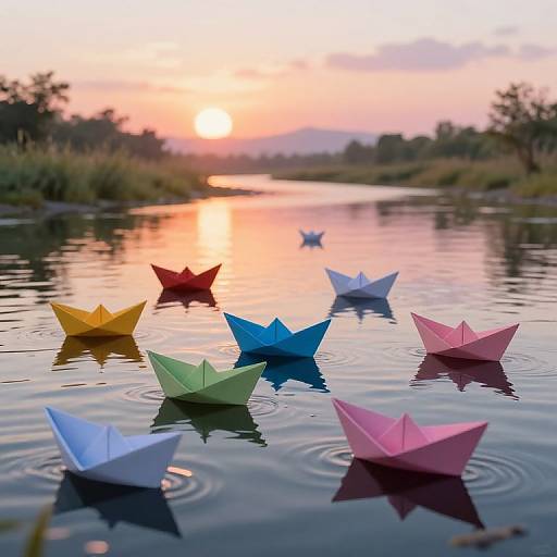 Photograph of colorful paper boats floating on a calm river at sunset, with reflections on the water and a pink-orange sky in the background.