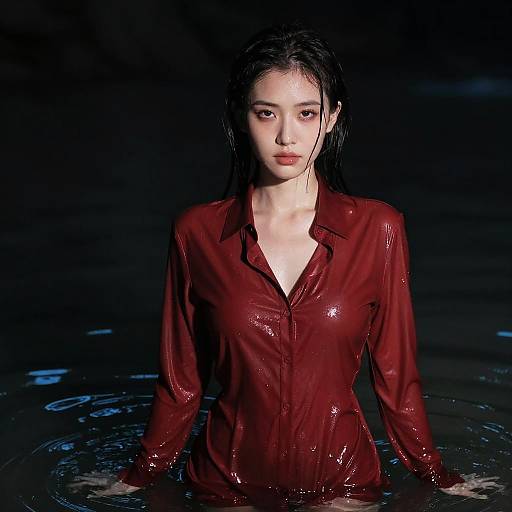 Photograph of an Asian woman with wet, black hair, wearing a shiny, red, long-sleeve shirt, standing in dark, rippling