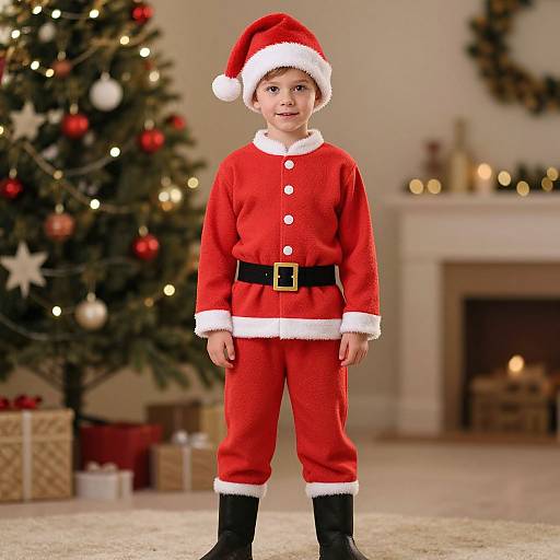 Photograph of a young boy in a red Santa outfit with white trim and black belt, standing in a Christmas-decorated living room.
