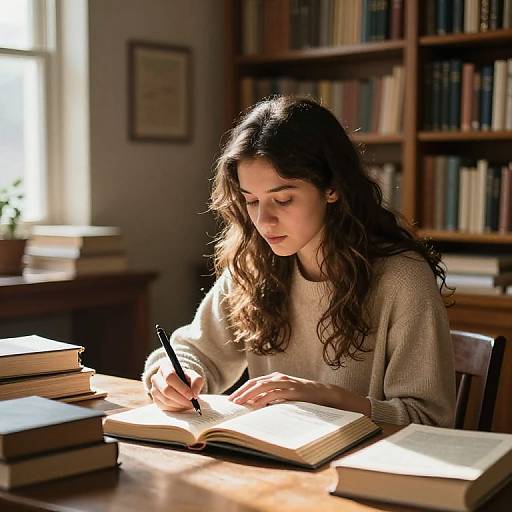 Photograph of a young woman with long, wavy brown hair, wearing a beige sweater, writing in a book at a sunlit library table with