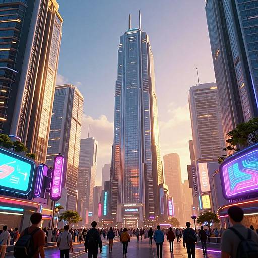 Photograph of a bustling urban cityscape at sunset, featuring towering skyscrapers with neon lights, crowded pedestrians, and vibrant digital billboards.