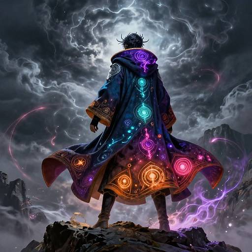 Mystical warrior with glowing, colorful runes on cloak stands against stormy sky, surrounded by electric lightning, on rocky mountain. Digital art.