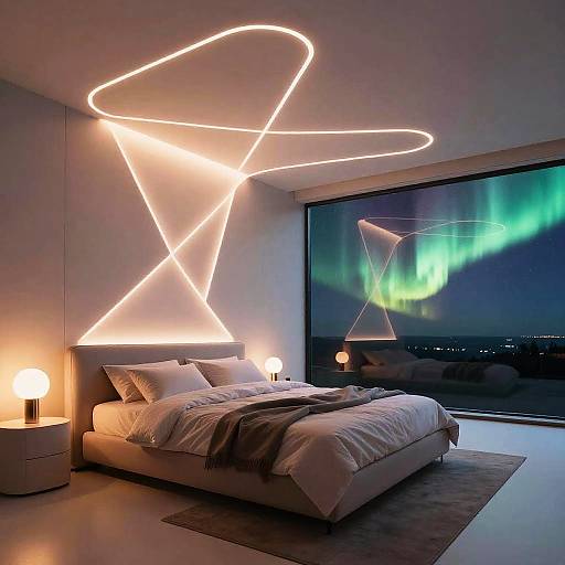Modern bedroom with glowing neon abstract art above bed, aurora green lights on large window, white bedding, and two circular lamps.