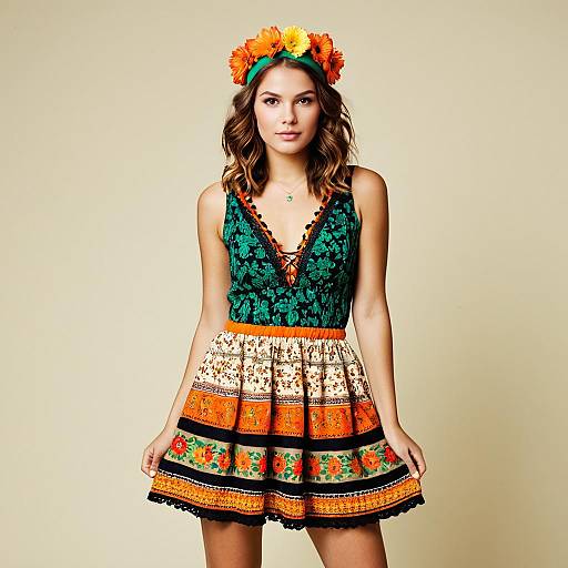 Young Woman in Colorful Boho Dress and Floral Headband