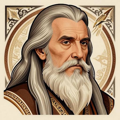 Digital illustration of an elderly, wise-looking man with long, flowing white hair, a full white beard, and deep brown eyes. He wears ornate