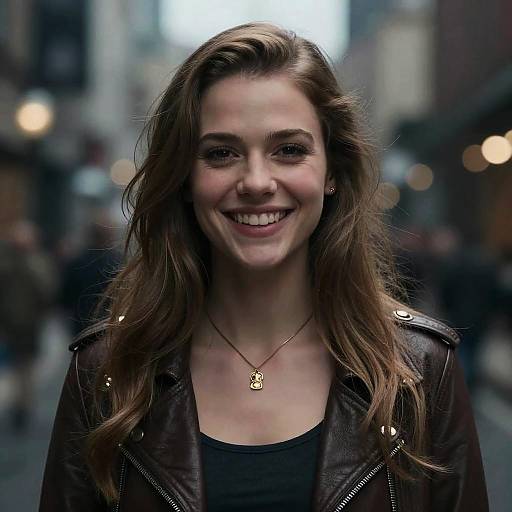 Photograph of a smiling young woman with long brown hair, wearing a black leather jacket and gold necklace, standing in a blurred urban street at night.