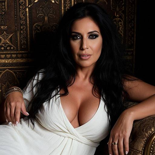 Photograph of a confident woman with long black hair, wearing a deep V-neck white dress, revealing large cleavage, against an ornate, dark