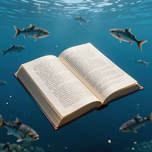 Photograph of an open book with text floating underwater, surrounded by several swimming fish in a deep blue ocean.