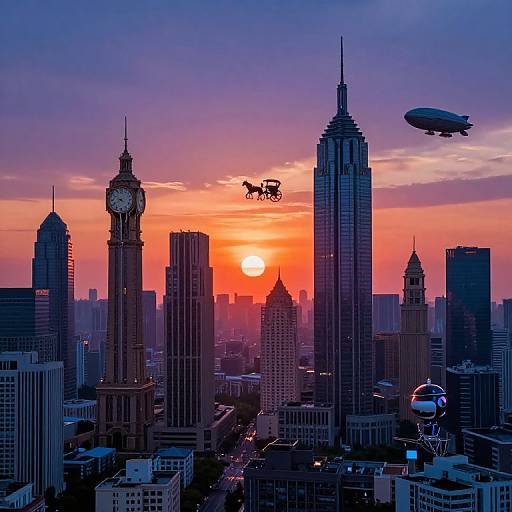 Photograph of a vibrant sunset over a city skyline with silhouetted skyscrapers, a horse-drawn carriage mid-air, and a bl
